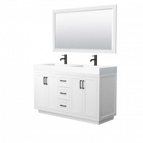 60 Inch Double Bathroom Vanity in White, 4 Inch Thick White Solid Surface Countertop, Sinks, Black Trim, 58 Inch Mirror