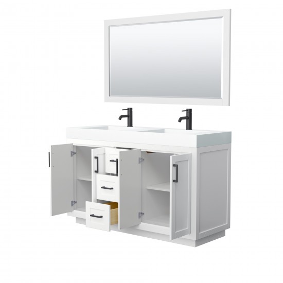 60 Inch Double Bathroom Vanity in White, 4 Inch Thick White Solid Surface Countertop, Sinks, Black Trim, 58 Inch Mirror