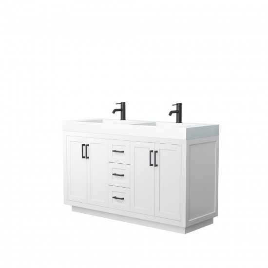 60 Inch Double Bathroom Vanity in White, 4 Inch Thick White Solid Surface Countertop, Sinks, Black Trim