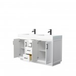 60 Inch Double Bathroom Vanity in White, 4 Inch Thick White Solid Surface Countertop, Sinks, Black Trim