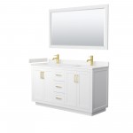 60 Inch Double Bathroom Vanity in White, Light-Vein Carrara Cultured Marble Countertop, Sinks, Gold Trim, 58 Inch Mirror