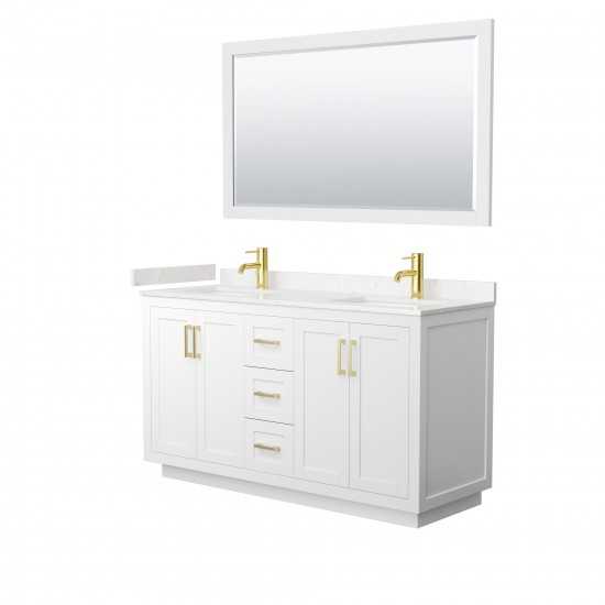 60 Inch Double Bathroom Vanity in White, Light-Vein Carrara Cultured Marble Countertop, Sinks, Gold Trim, 58 Inch Mirror