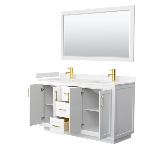 60 Inch Double Bathroom Vanity in White, Light-Vein Carrara Cultured Marble Countertop, Sinks, Gold Trim, 58 Inch Mirror