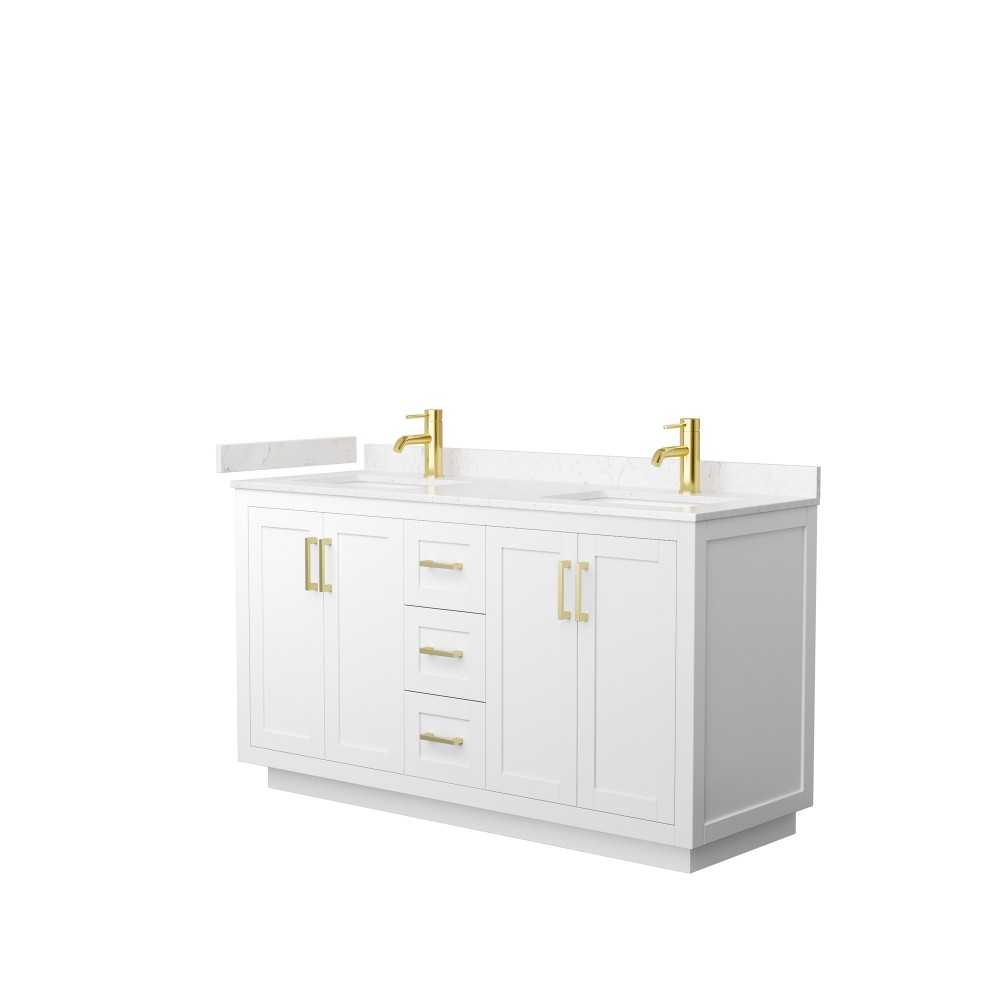 60 Inch Double Bathroom Vanity in White, Light-Vein Carrara Cultured Marble Countertop, Sinks, Gold Trim