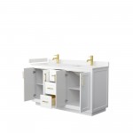 60 Inch Double Bathroom Vanity in White, Light-Vein Carrara Cultured Marble Countertop, Sinks, Gold Trim