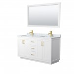 60 Inch Double Bathroom Vanity in White, White Carrara Marble Countertop, Sinks, Gold Trim, 58 Inch Mirror