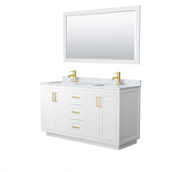 60 Inch Double Bathroom Vanity in White, White Carrara Marble Countertop, Sinks, Gold Trim, 58 Inch Mirror