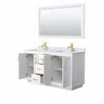 60 Inch Double Bathroom Vanity in White, White Carrara Marble Countertop, Sinks, Gold Trim, 58 Inch Mirror