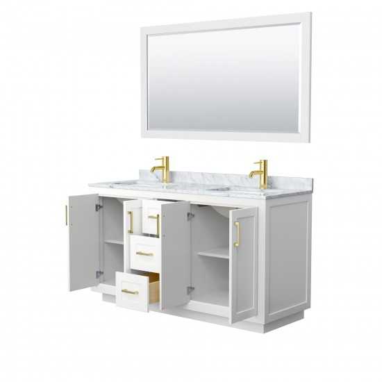 60 Inch Double Bathroom Vanity in White, White Carrara Marble Countertop, Sinks, Gold Trim, 58 Inch Mirror