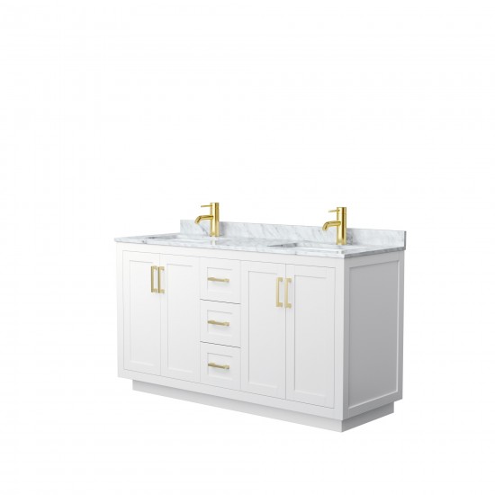 60 Inch Double Bathroom Vanity in White, White Carrara Marble Countertop, Sinks, Gold Trim