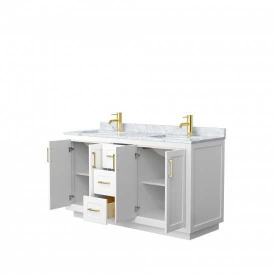 60 Inch Double Bathroom Vanity in White, White Carrara Marble Countertop, Sinks, Gold Trim