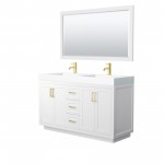 60 Inch Double Bathroom Vanity in White, 4 Inch Thick White Solid Surface Countertop, Sinks, Gold Trim, 58 Inch Mirror