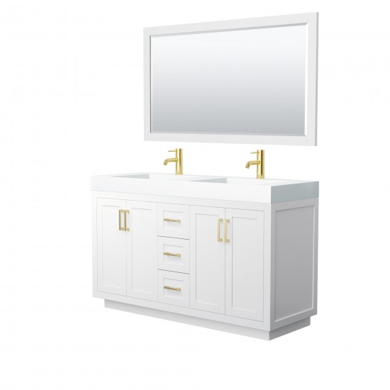 60 Inch Double Bathroom Vanity in White, 4 Inch Thick White Solid Surface Countertop, Sinks, Gold Trim, 58 Inch Mirror