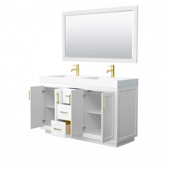 60 Inch Double Bathroom Vanity in White, 4 Inch Thick White Solid Surface Countertop, Sinks, Gold Trim, 58 Inch Mirror