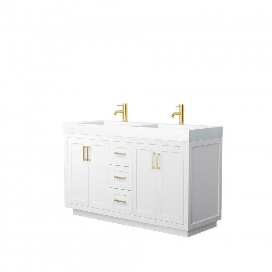 60 Inch Double Bathroom Vanity in White, 4 Inch Thick White Solid Surface Countertop, Sinks, Gold Trim