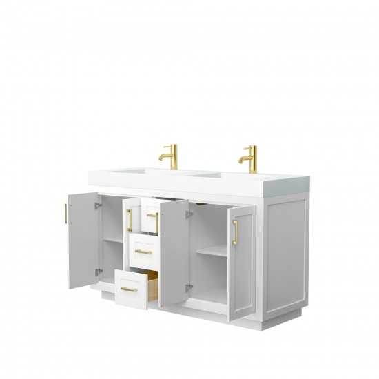 60 Inch Double Bathroom Vanity in White, 4 Inch Thick White Solid Surface Countertop, Sinks, Gold Trim