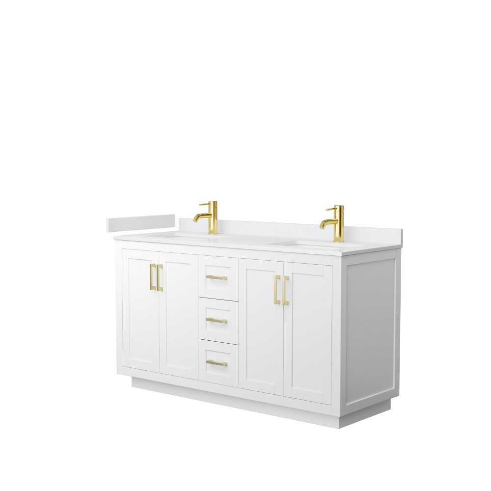 60 Inch Double Bathroom Vanity in White, White Cultured Marble Countertop, Sinks, Gold Trim