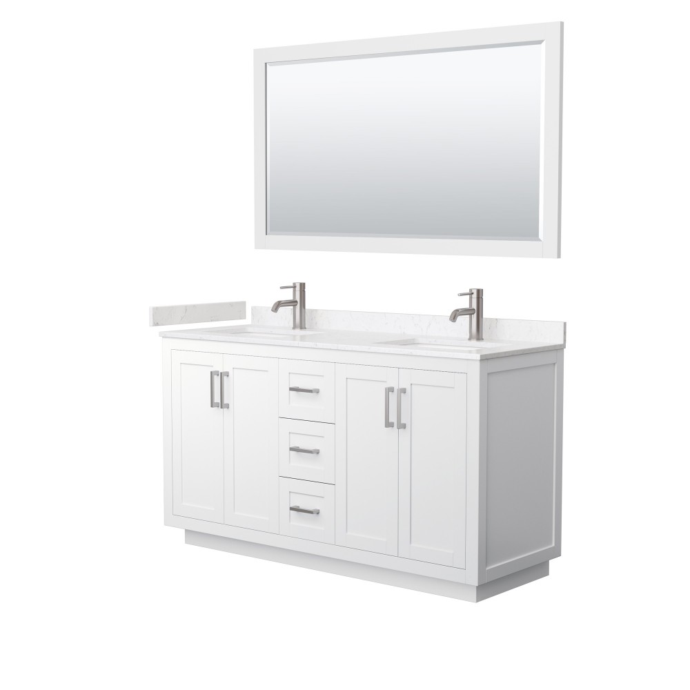 60 Inch Double Bathroom Vanity in White, Light-Vein Carrara Cultured Marble Countertop, Sinks, Nickel Trim, 58 Inch Mirror