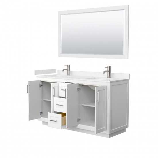 60 Inch Double Bathroom Vanity in White, Light-Vein Carrara Cultured Marble Countertop, Sinks, Nickel Trim, 58 Inch Mirror