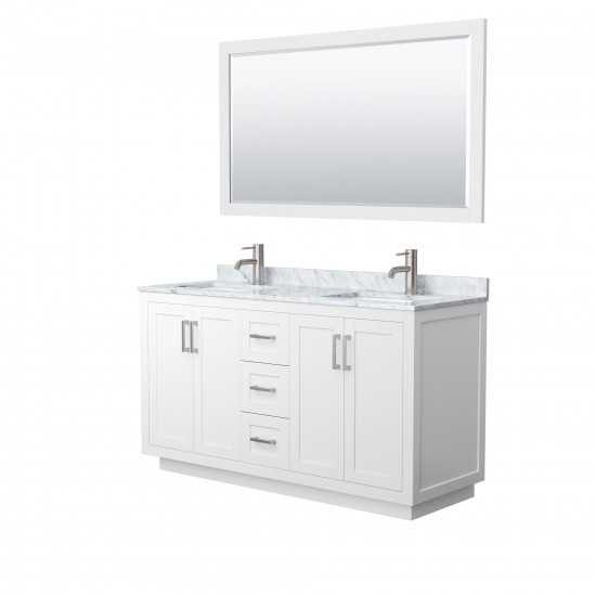 60 Inch Double Bathroom Vanity in White, White Carrara Marble Countertop, Sinks, Nickel Trim, 58 Inch Mirror