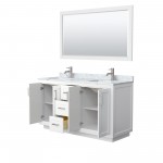 60 Inch Double Bathroom Vanity in White, White Carrara Marble Countertop, Sinks, Nickel Trim, 58 Inch Mirror