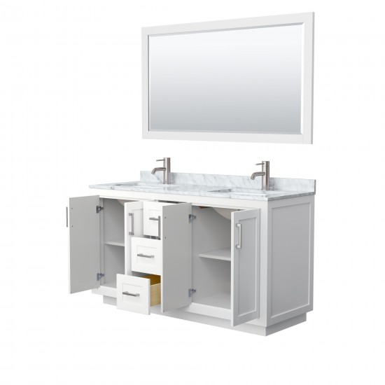 60 Inch Double Bathroom Vanity in White, White Carrara Marble Countertop, Sinks, Nickel Trim, 58 Inch Mirror