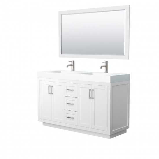 60 Inch Double Bathroom Vanity in White, 4 Inch Thick White Solid Surface Countertop, Sinks, Nickel Trim, 58 Inch Mirror
