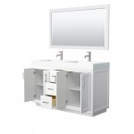 60 Inch Double Bathroom Vanity in White, 4 Inch Thick White Solid Surface Countertop, Sinks, Nickel Trim, 58 Inch Mirror