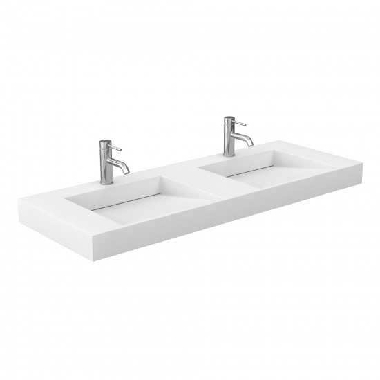 60 Inch Double Bathroom Vanity in White, 4 Inch Thick White Solid Surface Countertop, Sinks, Nickel Trim, 58 Inch Mirror