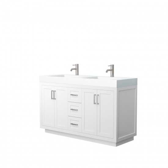 60 Inch Double Bathroom Vanity in White, 4 Inch Thick White Solid Surface Countertop, Sinks, Nickel Trim