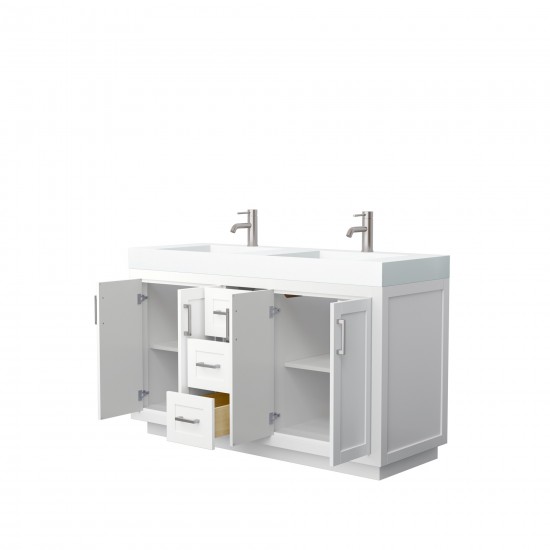 60 Inch Double Bathroom Vanity in White, 4 Inch Thick White Solid Surface Countertop, Sinks, Nickel Trim