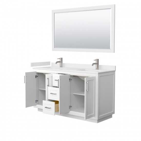 60 Inch Double Bathroom Vanity in White, White Cultured Marble Countertop, Sinks, Nickel Trim, 58 Inch Mirror