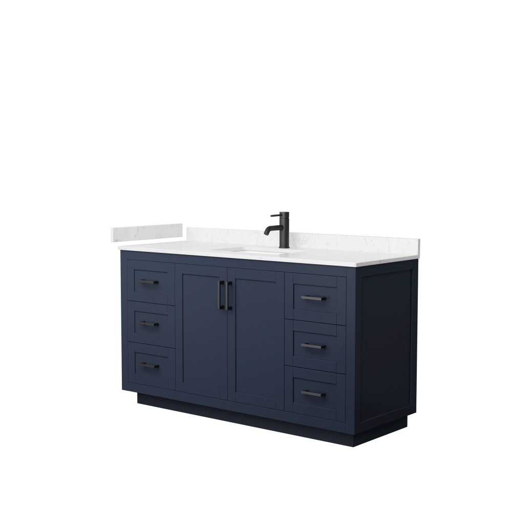 60 Inch Single Bathroom Vanity in Dark Blue, Light-Vein Carrara Cultured Marble Countertop, Sink, Black Trim