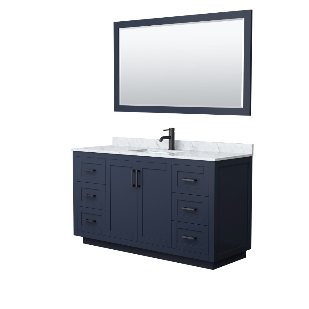 60 Inch Single Bathroom Vanity in Dark Blue, White Carrara Marble Countertop, Sink, Black Trim, 58 Inch Mirror