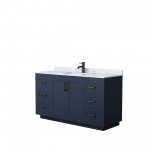 60 Inch Single Bathroom Vanity in Dark Blue, White Carrara Marble Countertop, Sink, Black Trim