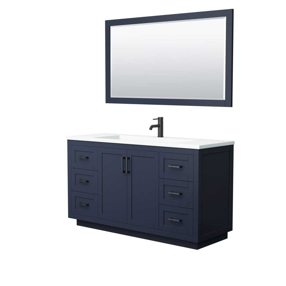 60 Inch Single Bathroom Vanity in Dark Blue, 1.25 Inch Thick White Solid Surface Countertop, Sink, Black Trim, 58 Inch Mirror