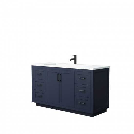 60 Inch Single Bathroom Vanity in Dark Blue, 1.25 Inch Thick White Solid Surface Countertop, Sink, Black Trim