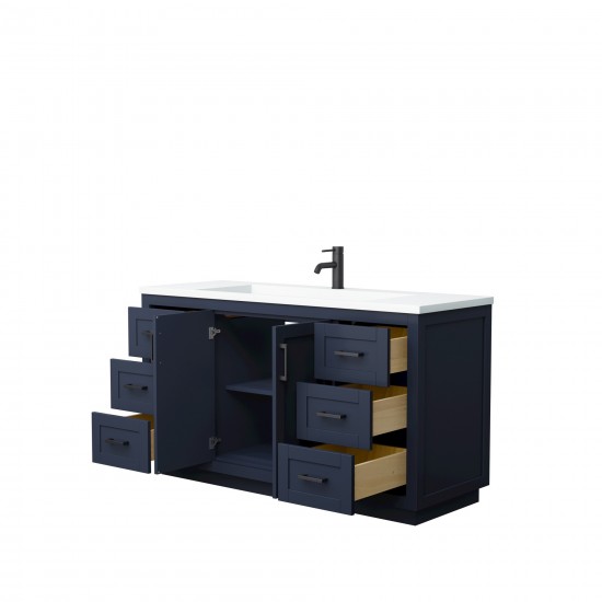 60 Inch Single Bathroom Vanity in Dark Blue, 1.25 Inch Thick White Solid Surface Countertop, Sink, Black Trim