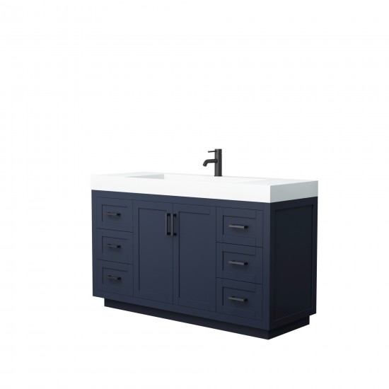 60 Inch Single Bathroom Vanity in Dark Blue, 4 Inch Thick White Solid Surface Countertop, Sink, Black Trim