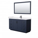 60 Inch Single Bathroom Vanity in Dark Blue, White Cultured Marble Countertop, Sink, Black Trim, 58 Inch Mirror