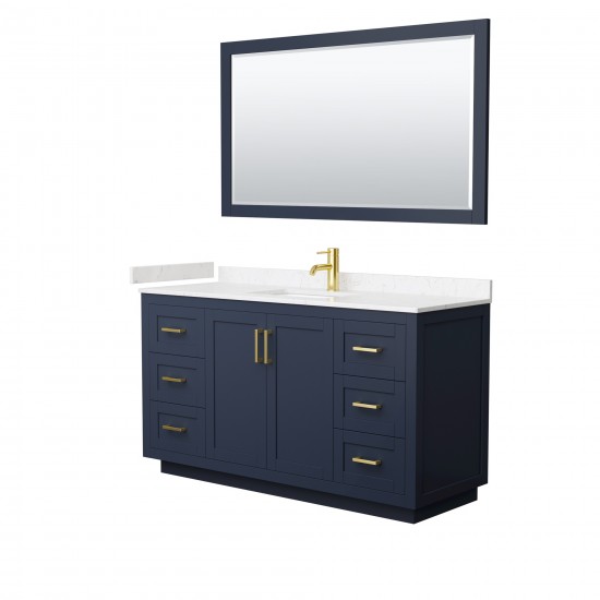 60 Inch Single Bathroom Vanity in Dark Blue, Light-Vein Carrara Cultured Marble Countertop, Sink, Gold Trim, 58 Inch Mirror