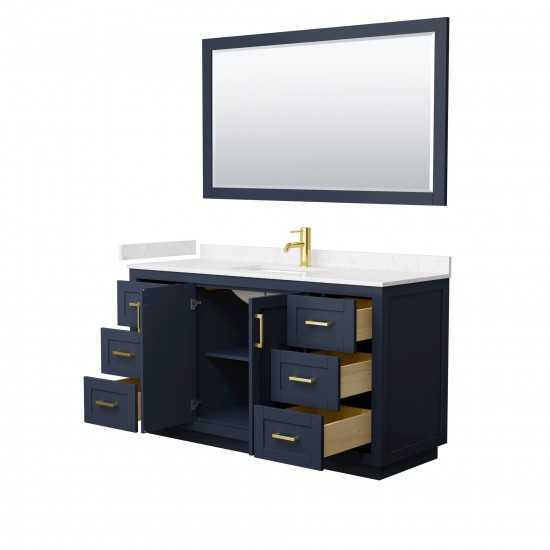 60 Inch Single Bathroom Vanity in Dark Blue, Light-Vein Carrara Cultured Marble Countertop, Sink, Gold Trim, 58 Inch Mirror