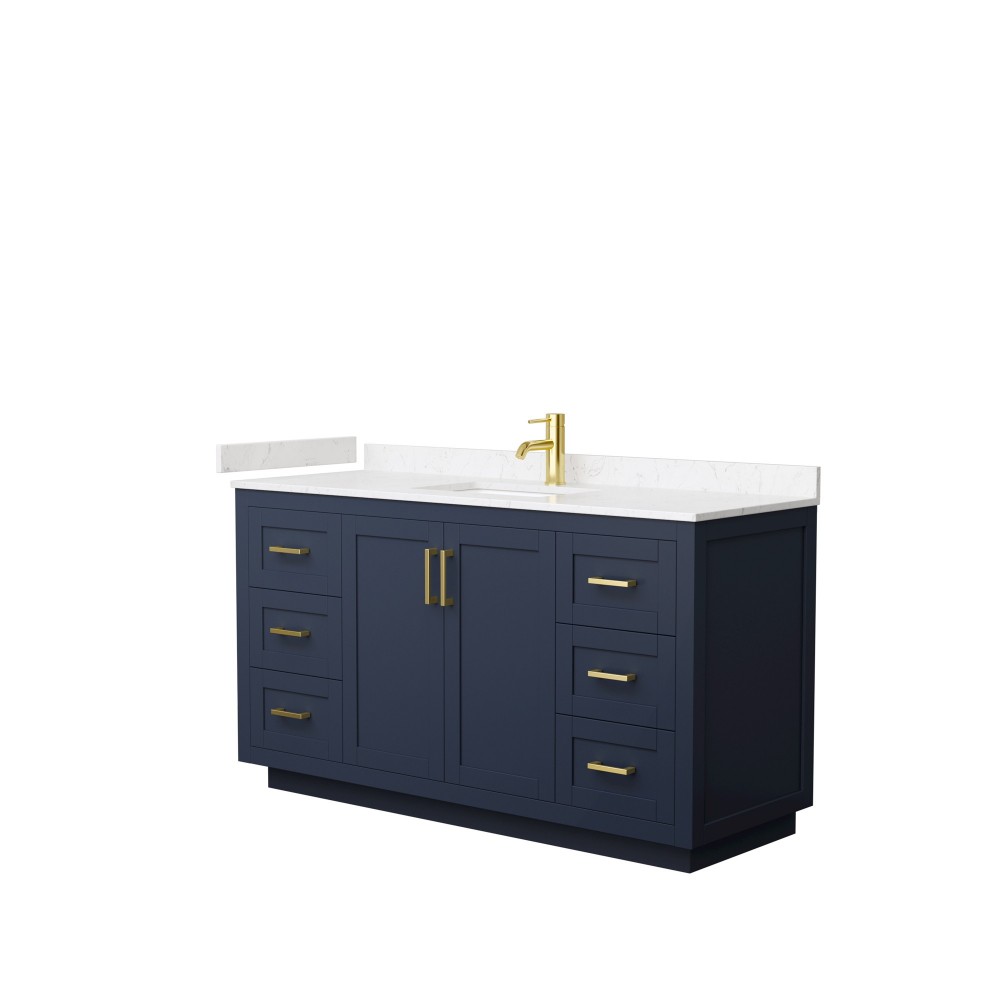 60 Inch Single Bathroom Vanity in Dark Blue, Light-Vein Carrara Cultured Marble Countertop, Sink, Gold Trim