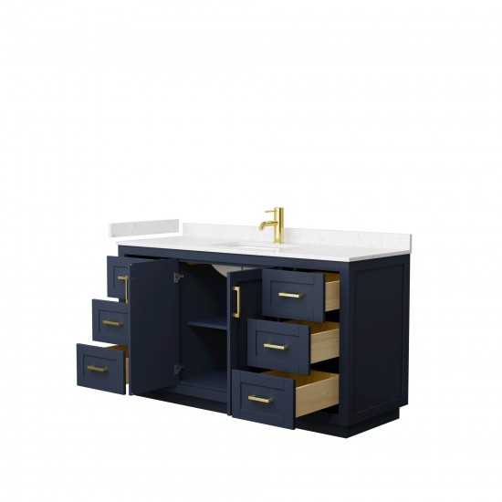 60 Inch Single Bathroom Vanity in Dark Blue, Light-Vein Carrara Cultured Marble Countertop, Sink, Gold Trim