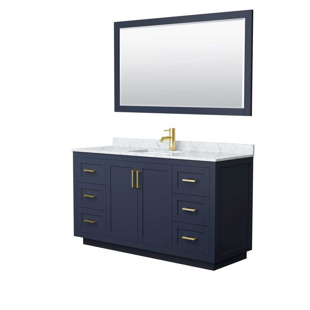 60 Inch Single Bathroom Vanity in Dark Blue, White Carrara Marble Countertop, Sink, Gold Trim, 58 Inch Mirror