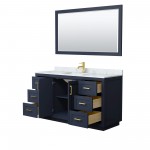 60 Inch Single Bathroom Vanity in Dark Blue, White Carrara Marble Countertop, Sink, Gold Trim, 58 Inch Mirror