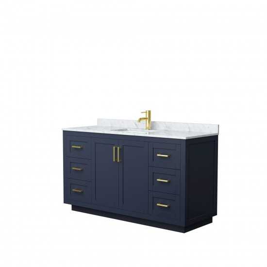 60 Inch Single Bathroom Vanity in Dark Blue, White Carrara Marble Countertop, Sink, Gold Trim