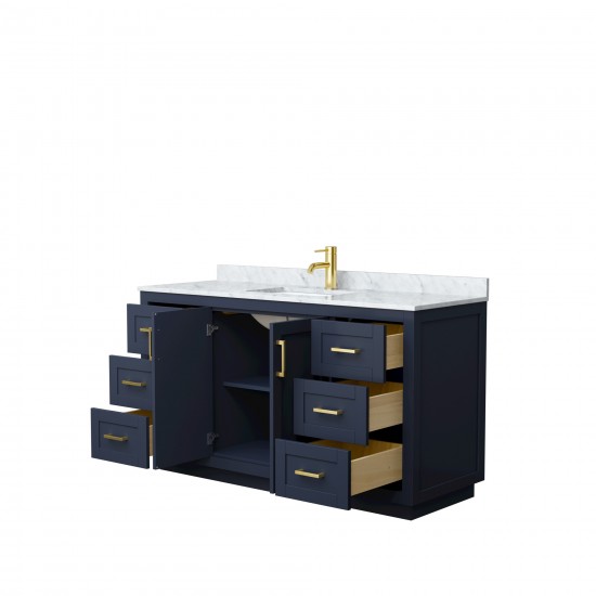 60 Inch Single Bathroom Vanity in Dark Blue, White Carrara Marble Countertop, Sink, Gold Trim