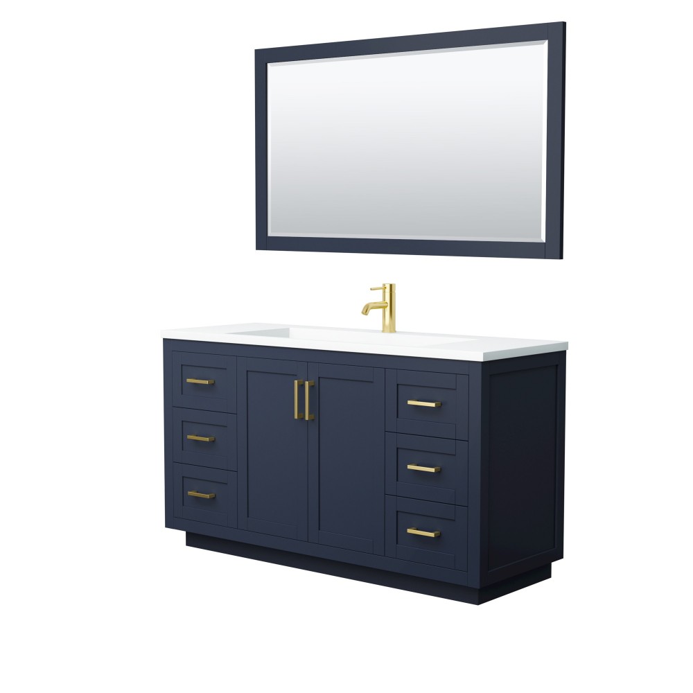 60 Inch Single Bathroom Vanity in Dark Blue, 1.25 Inch Thick White Solid Surface Countertop, Sink, Gold Trim, 58 Inch Mirror