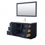 60 Inch Single Bathroom Vanity in Dark Blue, 1.25 Inch Thick White Solid Surface Countertop, Sink, Gold Trim, 58 Inch Mirror